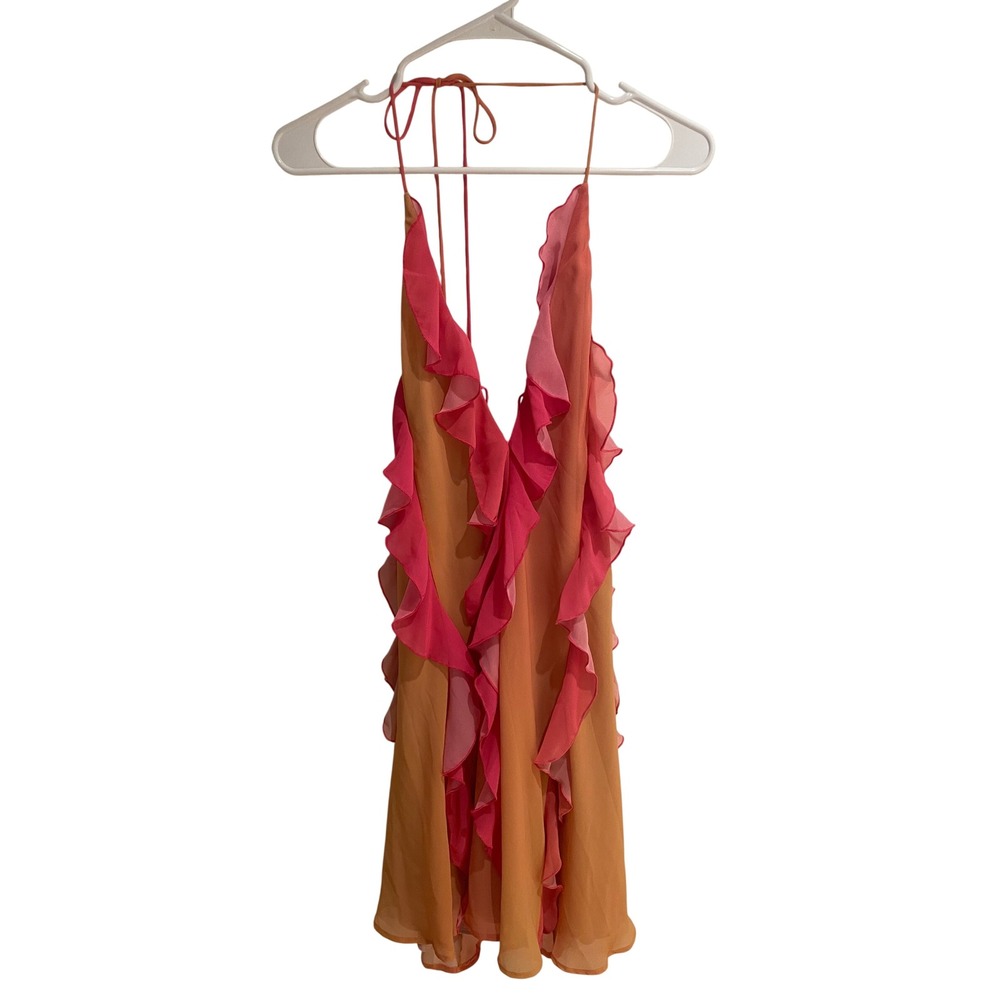 DELFI Collective Pink Combo Ruffle Halter Mini Dress Anthropologie Size L New